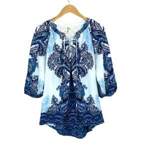 Anthro Fig & Flower Womens White Blue Tunic Size Medium New Bohemian Festival